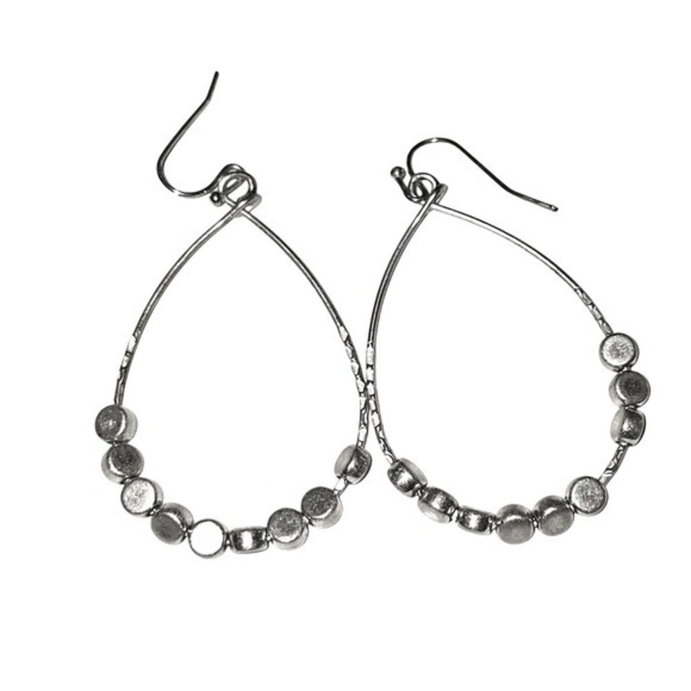 Lucky Brand Silver Hammered Teardrop Hoop Earrings Beaded Accents Boho Dangle